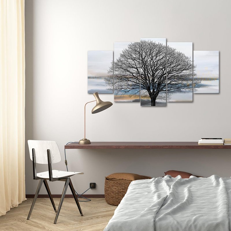 KLVOS Abstract Tree Canvas Wall Art 5 Panels Grey White and Blue Landscape Painting Modern Nature Artwork Pictures Living Room Bedroom Decoration