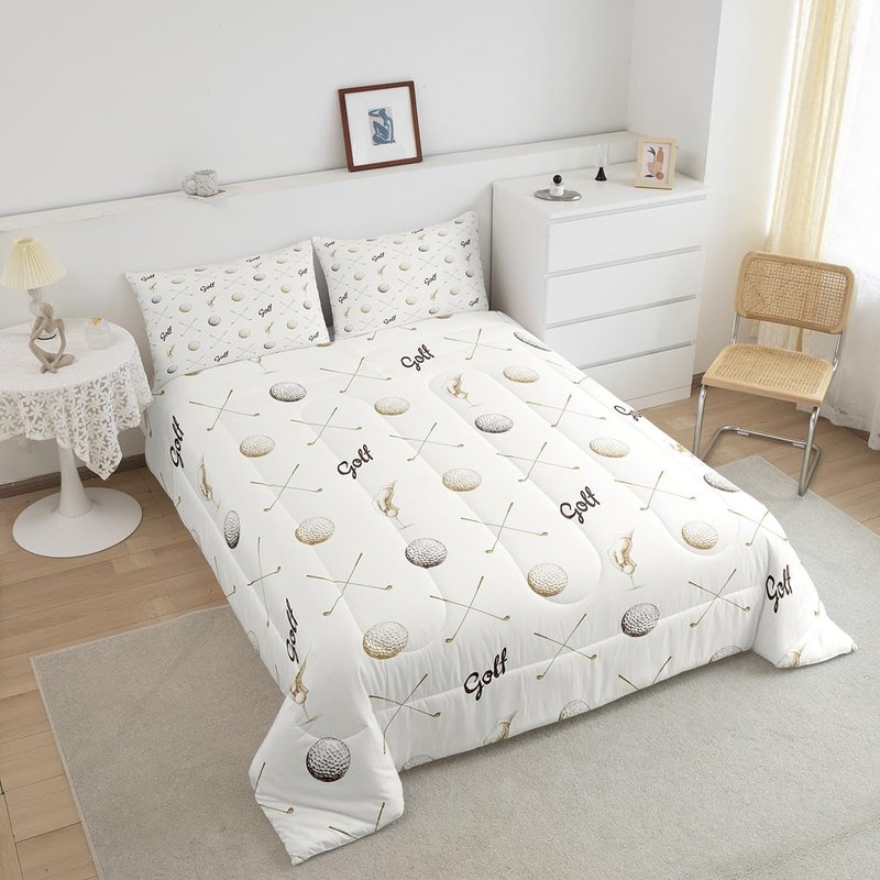 Golf Comforter Set Full Size for Kids Teens Adults Men Home Room Decor,Ball Sports Game Lovers Bedding Set 3pcs,Gray Brown Sketch Golf Quilt Set Seasons Soft Bedspread with 2 Pillowcases