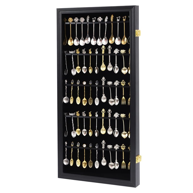 COMSREV 60 Souvenir Tea Spoon Display Case Collection Collector Rack Wall Mount Wooden w/98% UV Acrylic Door Lockable（Black）