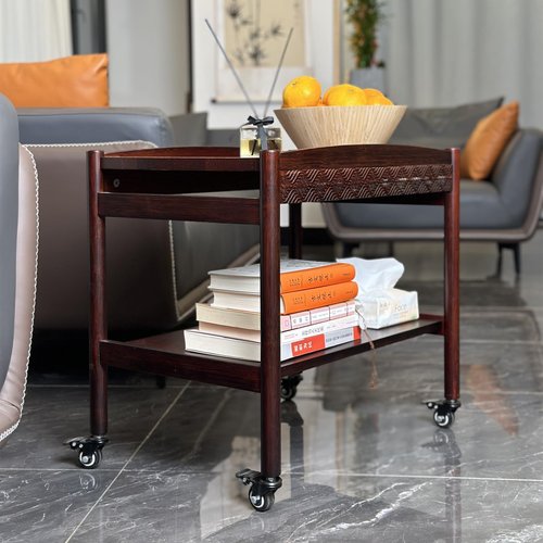 MinBoo Wooden Sofa Side Table with Wheels, 2-Tier Rolling Tea Cart and Coffee Cart, Mobile Storage Cart with Drawers for Kitchen, Bedroom, Office, Home Bar, and Pantry Organization