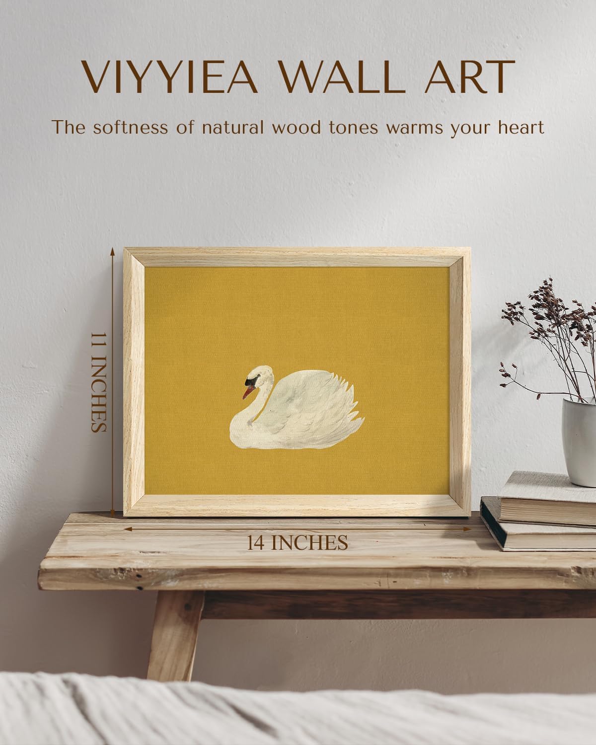 VIYYIEA Minimalist White Swan Wall Art - Modern Mustard Yellow Canvas Print, 11x14 Inch Natural Wood Frame