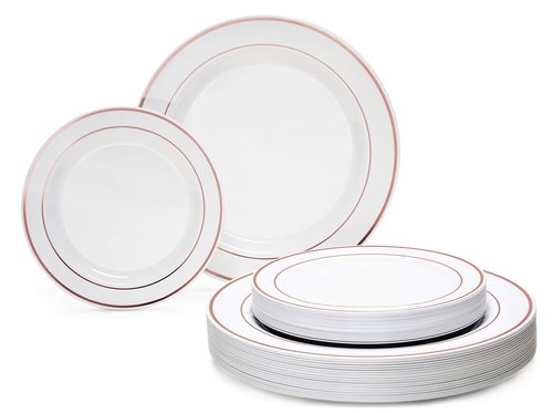 OCCASIONS 120 Plates Pack,(60 Guests) Heavyweight Premium Wedding Party Disposable Plastic Plates Set -60 x 10.5'' Dinner + 60 x 7.5'' Salad/Dessert (White & Rose Gold Rim)
