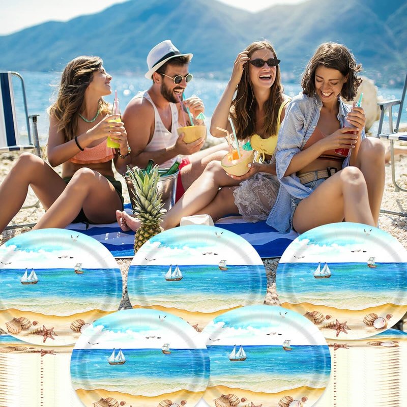 Aysimple 50 Count Nautical Beach Oval Paper Plates Platter 10" x 12" Disposable Sea Shells Ocean Serving Dish for Spa Party Baby Shower Summer Holiday Party Tableware Supplies Decor