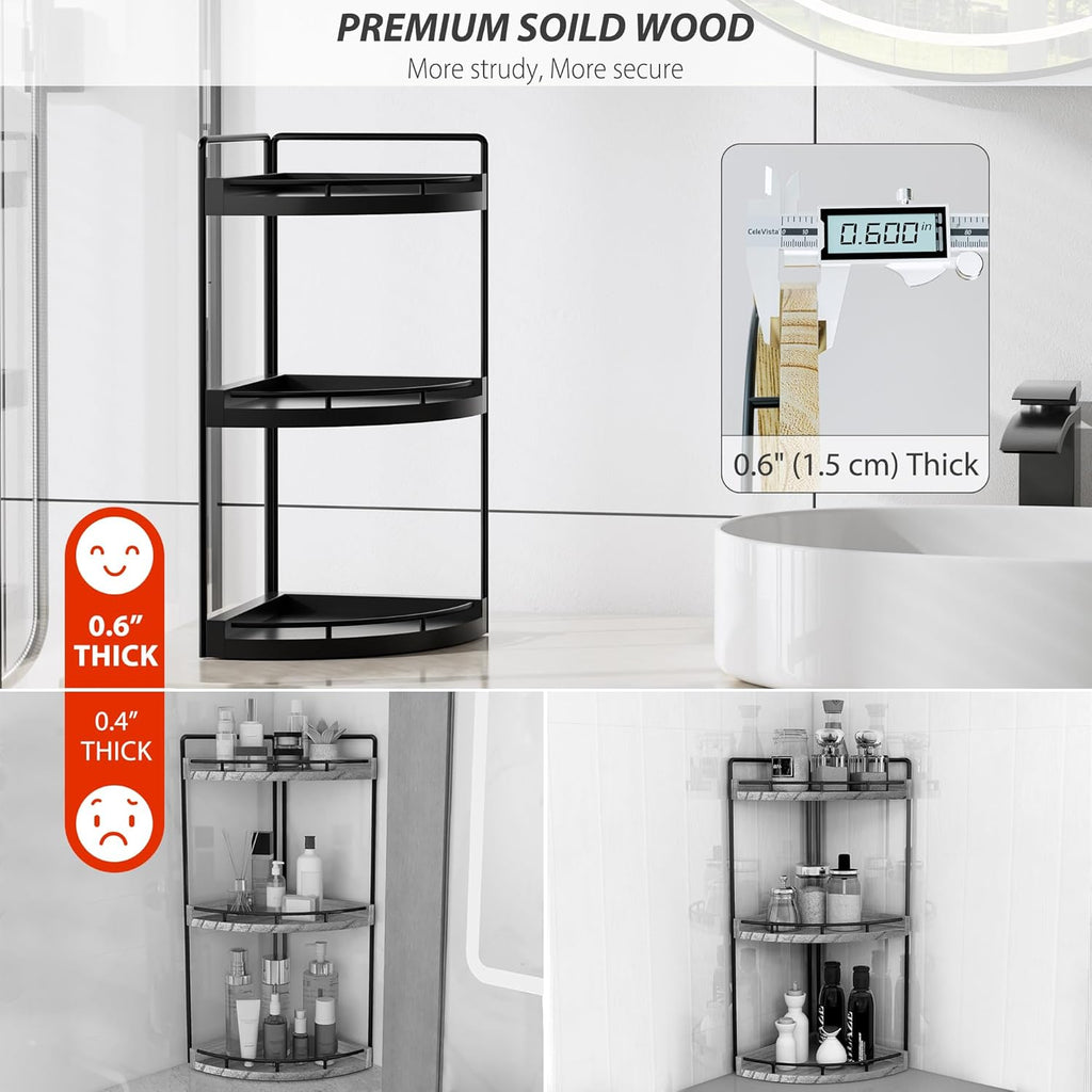 Skiennix Corner Bathroom Counter Organizer - 3-Tier Wood Vanity Shelf for Skincare & Makeup (Black)
