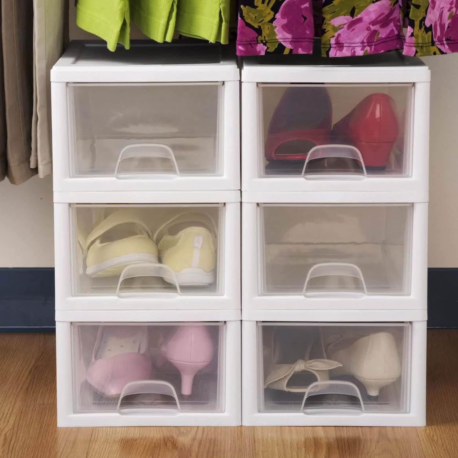 Sterilite 6-Pack Stacking Drawers - Clear Storage Organizers with White Frame for Clothes, Accessories & More