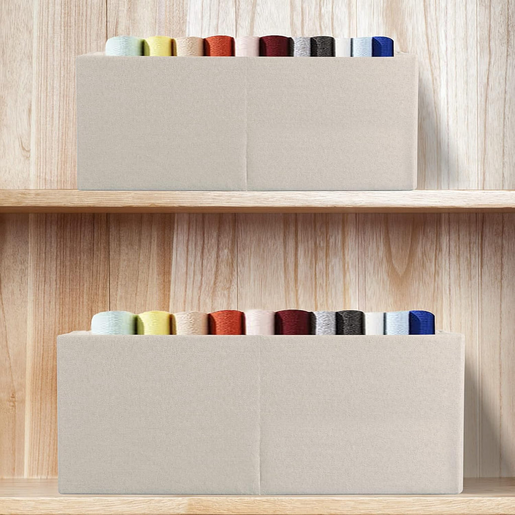 Skiennix Fabric Storage Bins - Foldable Cotton Linen Baskets with Wooden Handles | Beige, Small (3 Pack)