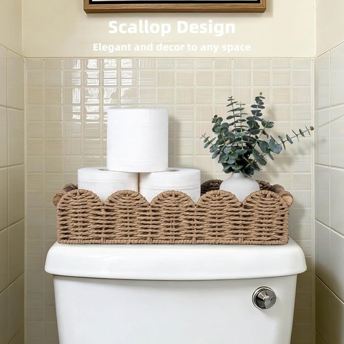 CubesLand Bathroom Basket Organizer - Scalloped Wicker Storage Tray with Cut-Out Handle | Neutral Color