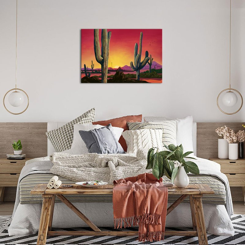 iHAPPYWALL Large Saguaros Landscape Canvas Wall Art Sunset Arizona Cactus Orange Background Sonoran Desert Picture for Home Bedroom Decor Ready to Hang 24x36inch