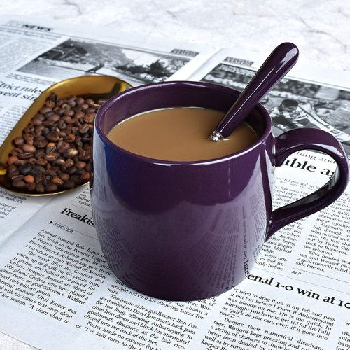 Bosmarlin Ceramic Coffee Mug with Spoon, Purple Tea Cup for Office and Home, Dishwasher and Microwave Safe, 14 oz, 1 Pack (Purple(Glossy))