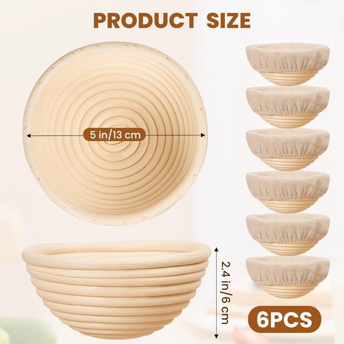 Kikcoin 5-Inch Banneton Bread Proofing Basket Set of 6 | Perfect for Mini Sourdough Baking