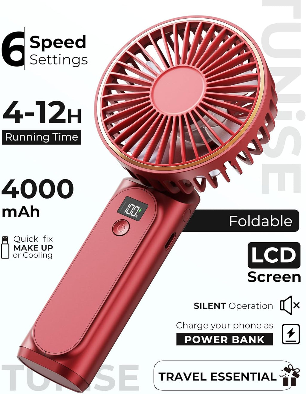 Skiennix Portable Handheld Fan - 4000mAh Battery, 6 Speed Settings, Adjustable 180° | USB Rechargeable