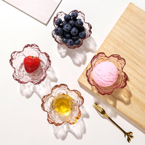 WHJY 8 pack Cute Sauce Dishes Glass Dish Set for Soy Sauce Snacks Tea Bag Mini Glass Bowls Clear Pink Cherry Blossom Soy Sauce Dishes