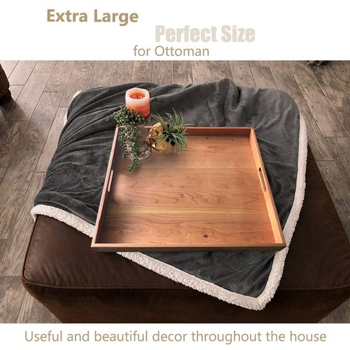 MAGIGO 19 x 19 Inches Large Square Cherry Wood Ottoman Tray with Handles, Serve Tea, Coffee Classic Wooden Decorative Serving Tray