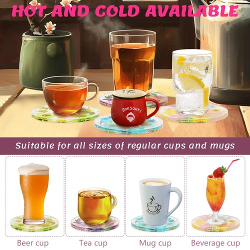 Flower Coasters, Tumwisk 4Pcs Dried Flower Drink Coasters, Women Coffee Table Dining Table Desk Aesthetic Coaster Set Natural Floral Coaster Home Decoration Housewarming Present
