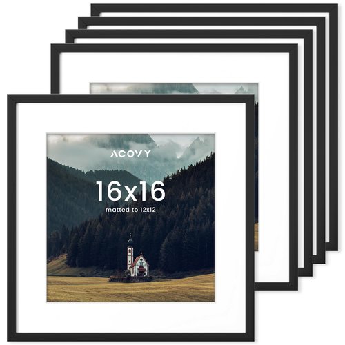 Acovy 16x16 Square Picture Frames Set of 5, 16 x 16 Photo Frame with Mat for 12x12 or 16x16 without Mat, 16"x16" Picture Frame with HD Plexiglass, 16 by 16 Frame for Wall or Tabletop Display, Black