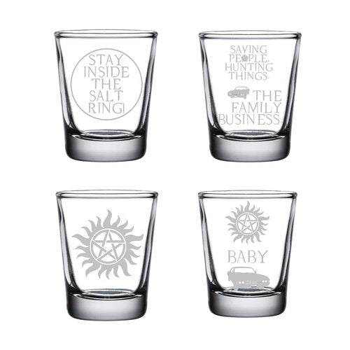 SPN Supernatural Shot Glass Set of Four: Supernatural Gifts Set Saving People Hunting Things, Stay Inside The Salt Ring, Dean's Baby, Anti-Possession Shot Glasses for Supernatura Fan, ENGRAVED 1.5oz.