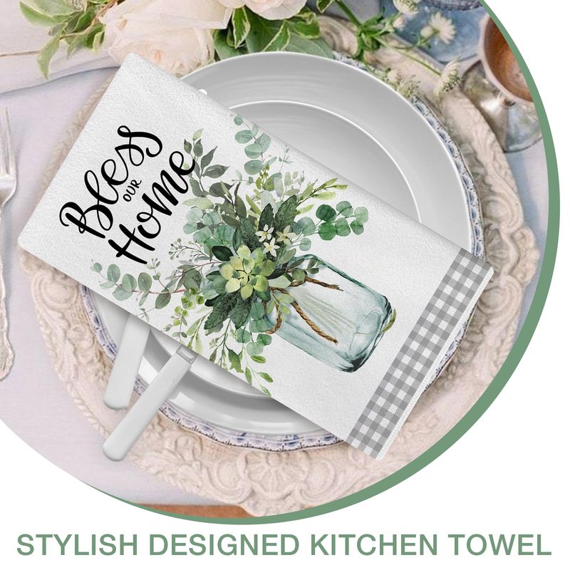 Seliem Sweet Home Spring Summer Kitchen Dish Towels Set of 2, Eucalyptus Leaves Mason Jar Hand Towels Drying Baking Cooking Cloth, Grey Plaid Farmhouse Bless Our Home Kitchen Decor 18x26 Inch