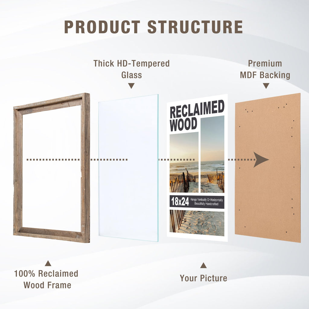 Rustic 24x36 Poster Frame, Reclaimed Barnwood Picture Frame with HD Tempered Glass, Distressed Family Art Gallery Corner, Horizontal and Vertical Wall Mounting Display with Hardware, Set of 1