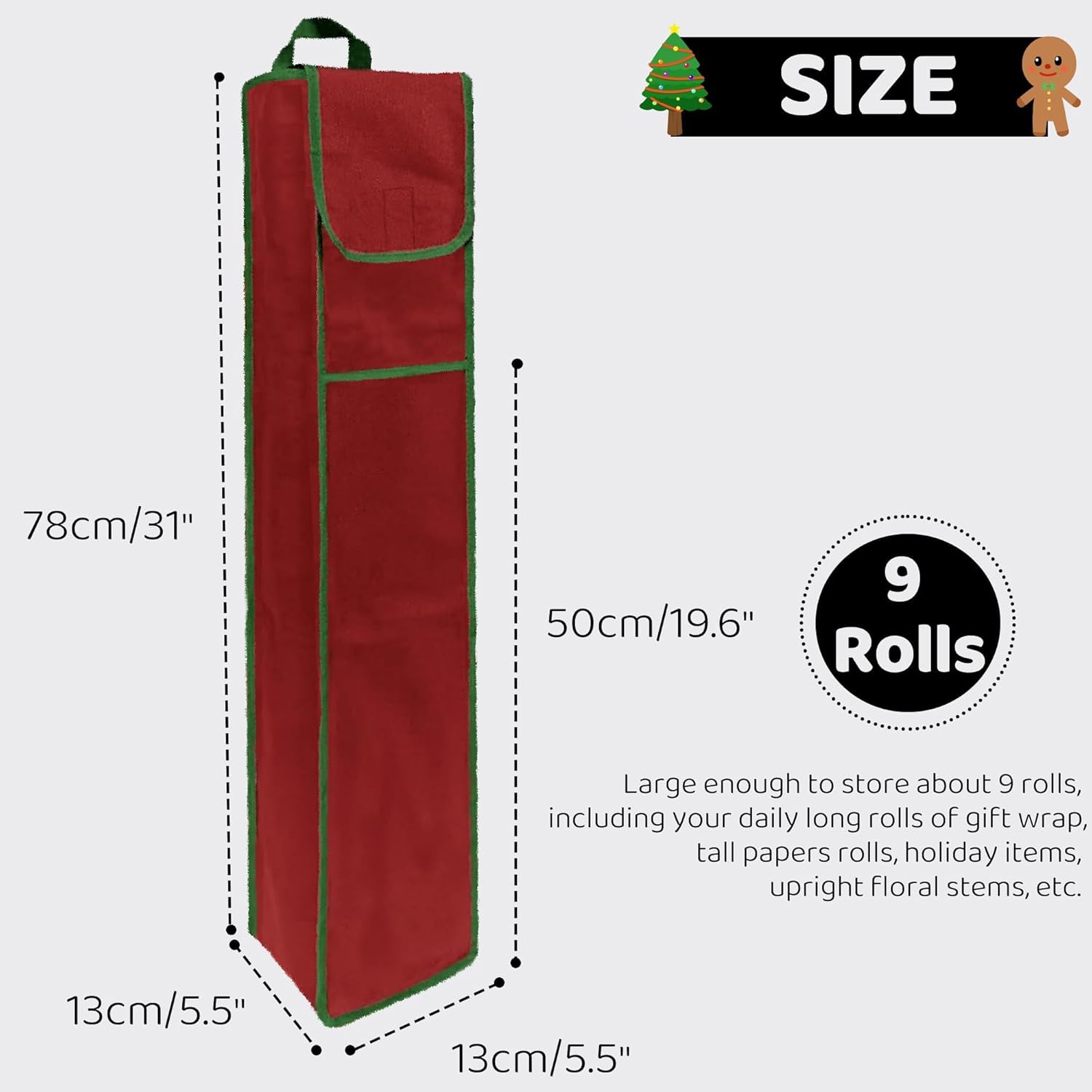 OUTTDID Wrapping Paper Storage Bag - 31" Gift Organizer with Pocket for 9 Rolls - Red