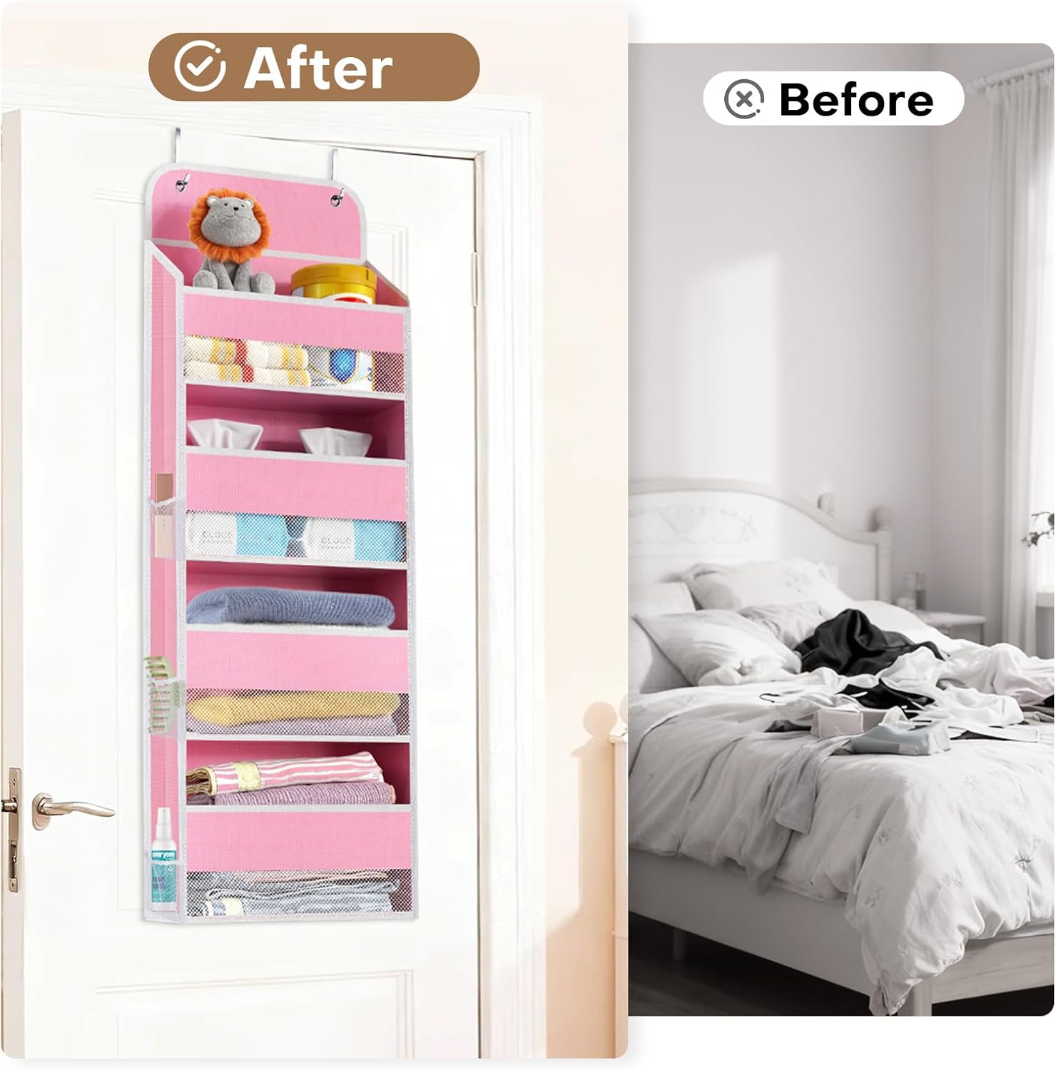 SpaceWhisper Over The Door Organizer - 4 Large Pocket Hanging Storage For Nursery & Bathroom (Pink)