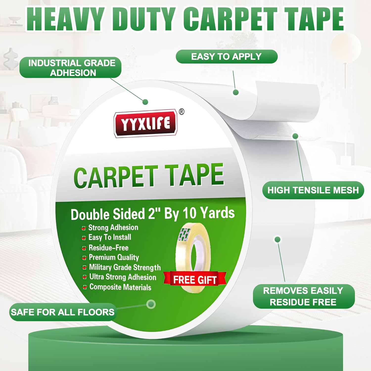 YYXLIFE Double-Sided Rug Tape - Strong Adhesive for Hardwood Floors | Non-Slip, No Residue, 2" x 10 Yards, White