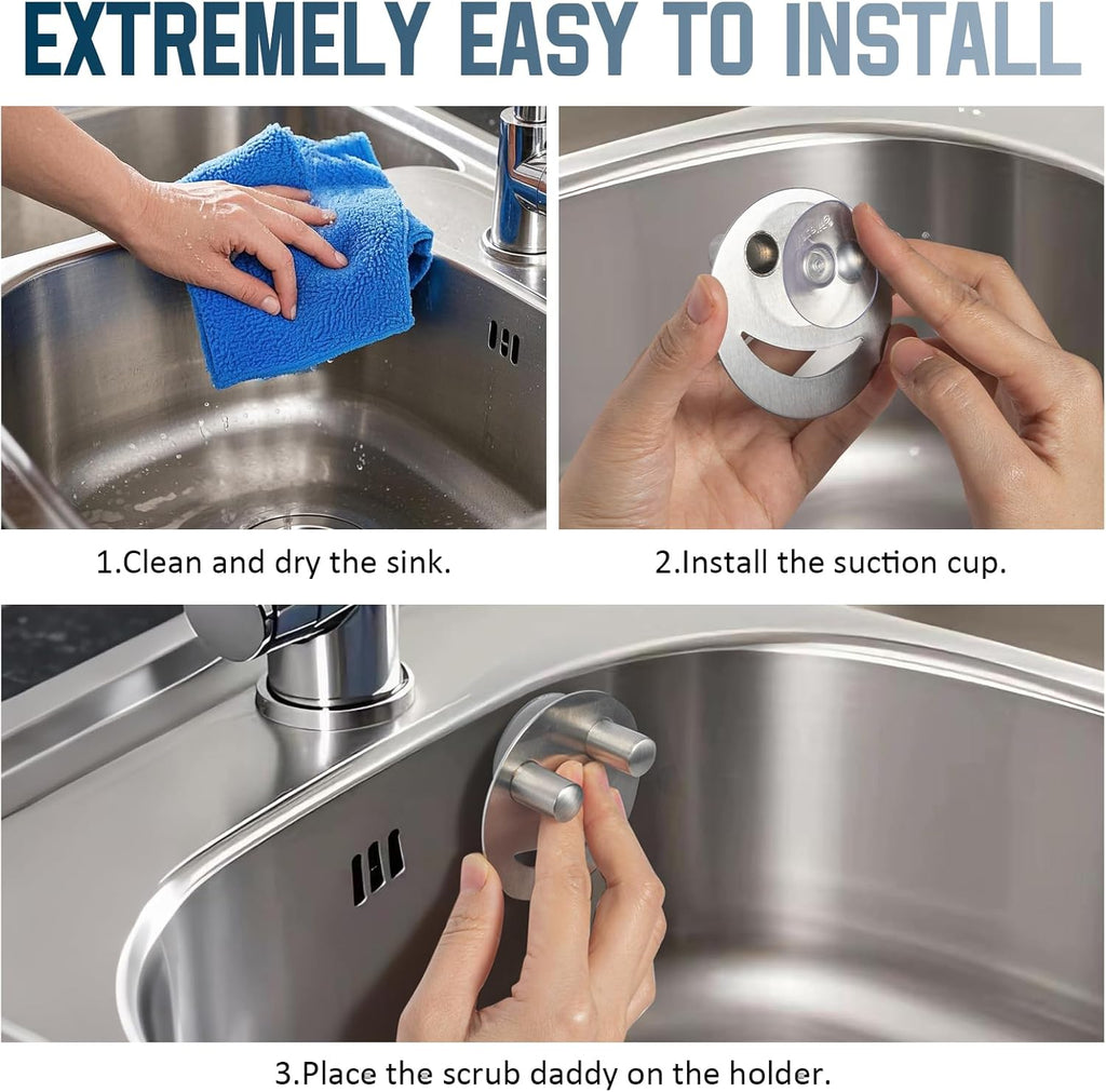 Yoshiky Stainless Steel Smiley Face Sponge Holder - Silver Sink Caddy with Suction Cup for Kitchen Organization
