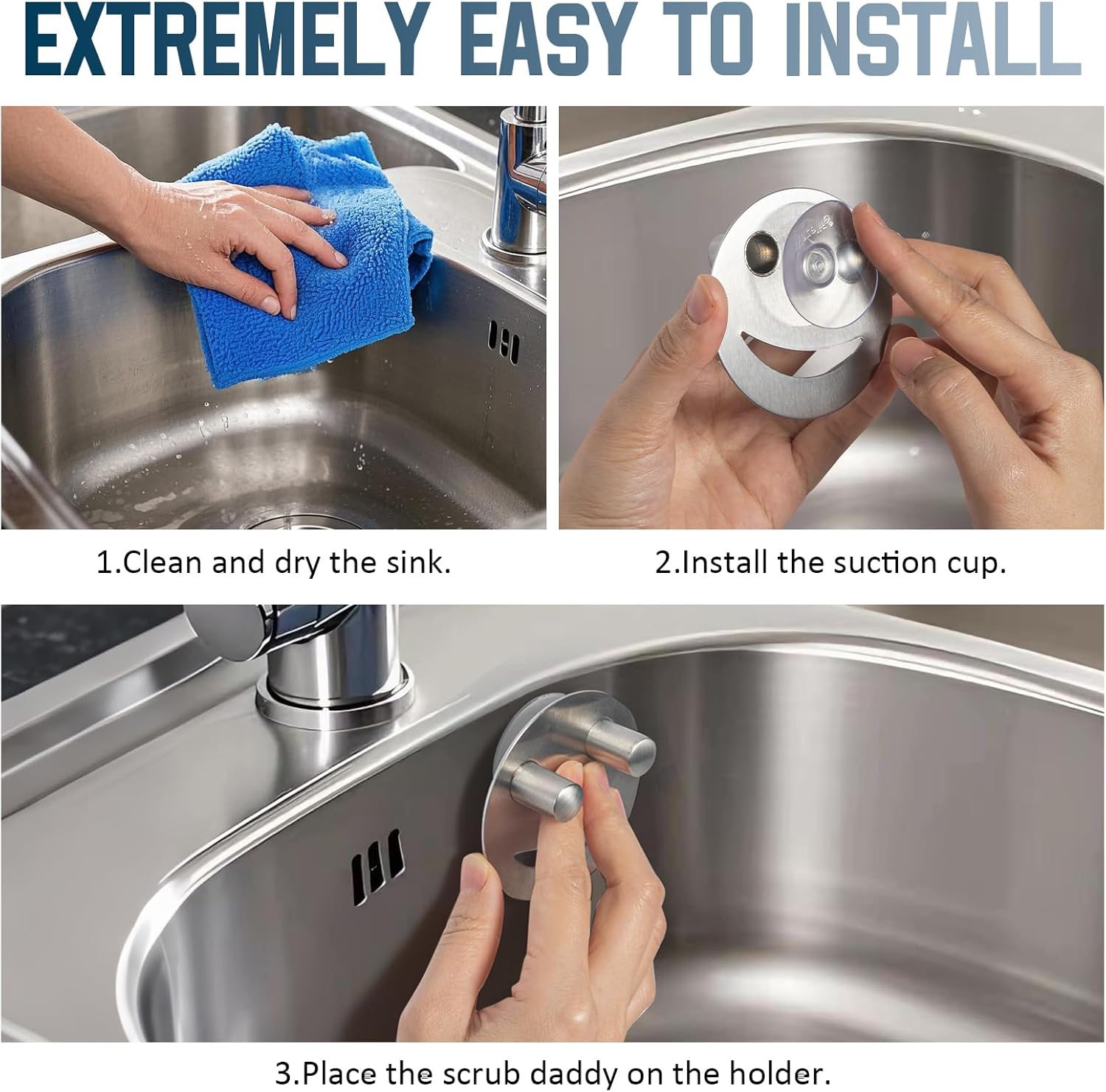 Yoshiky Stainless Steel Smiley Face Sponge Holder - Silver Sink Caddy with Suction Cup for Kitchen Organization