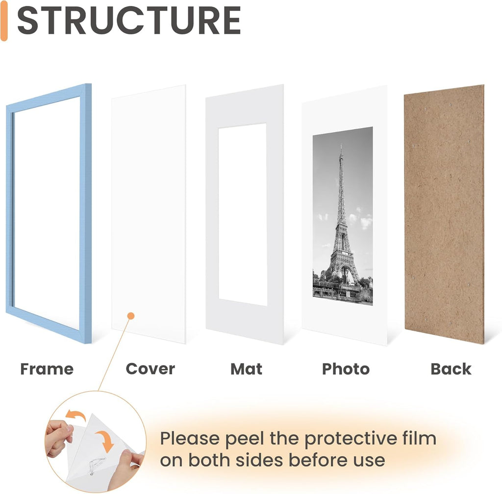 Upsimples 11x14 Picture Frame Set of 5 - Display 8x10 Photos with Mat or 11x14 Without - Blue