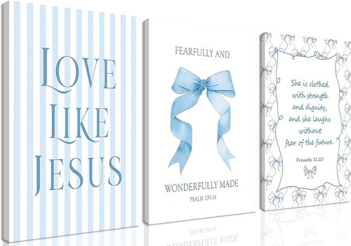 Blue Bow Jesus Wall Art - Inspirational Bible Verse Canvas Print | 12x16 Inch Framed Decor for Dorm Room