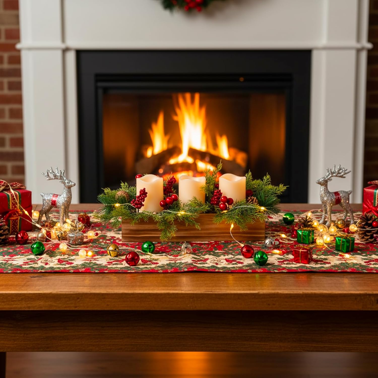 Rustic Wood Candle Holders | Christmas Table Centerpieces with 3 Flameless LED Candles & Pine Cones