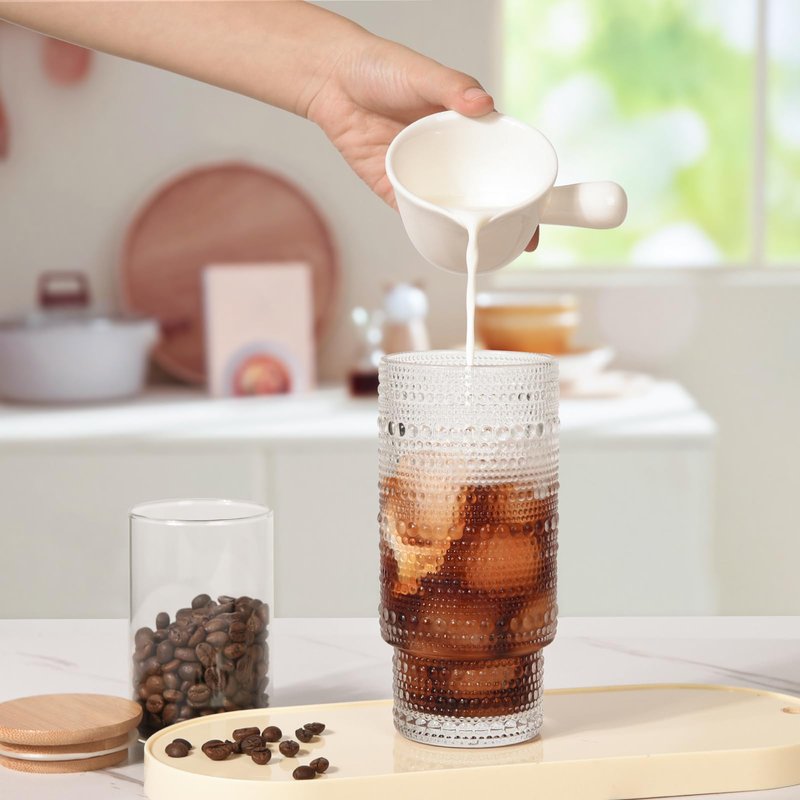 AUFXKOO 16OZ Glass Coffee Cups with Lids and Straw,4Pcs Glass Tumbler with Straw and Lid,Vintage Embossed Glassware for Whiskey Cocktail Beer,Iced Coffee Cup