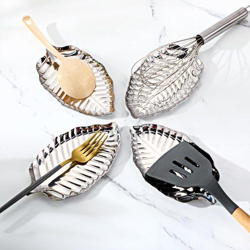 Chengu 4 Pack Leaf Spoon Rest for Stove Top 9.3 Inch Stainless Steel Utensil Holder Large Metal Jewelry Trinket Dish Tray Key Holder for Table, Kitchen Counter(Silver)