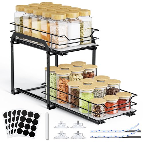 AHOMSEL Spice Rack Organizer for Cabinet - 2-Tier Vertical Pull Out Spice Rack, Heavy Duty Metal Spice Shelf with Easy to Install Design, Fits Countertop, Cabinet & Pantry(7" W×10.5" D×9" H, Black)
