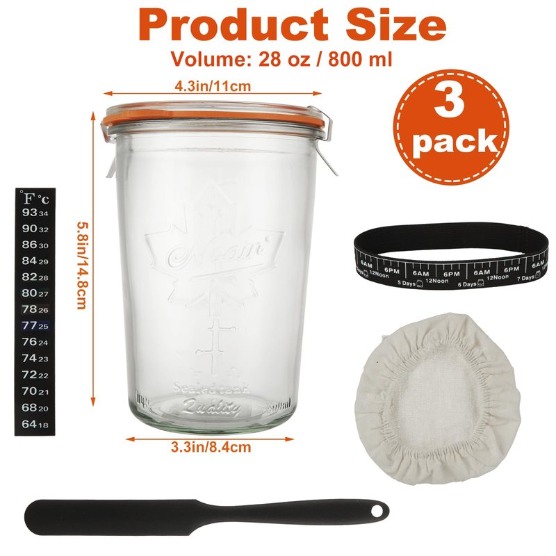 STARVAST 3 Pack Wide Mouth Mason Jars, 28 oz Glass Pickling Jars with Airtight Lid, Large Canning Jars, Airtight Glass Jars for Canning, Pickling, Fermenting, Storage
