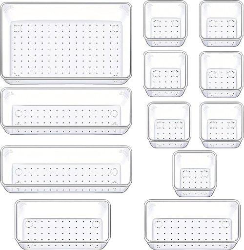 Manalete Drawer Organizers - Set of 12 Clear Plastic Storage Bins for Kitchen, Bathroom & Office