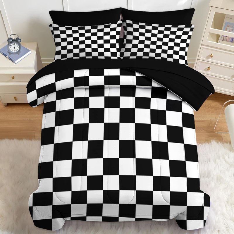 Nesker Comforter Set Twin Size, Black White Checkered 5 Pcs Bedding for Kids and Adults, Cute Retro Gingham Grid Bed Sheet Sets with Fitted Sheet Pillowcase & Sham