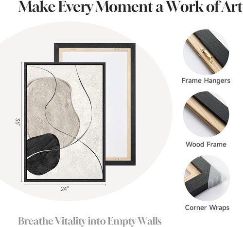 Framed Black and White Abstract Wall Art - Large 3 Piece Minimalist Canvas Set | Modern Decor for Living Room, Dining Room & Home Office - 24x36 In