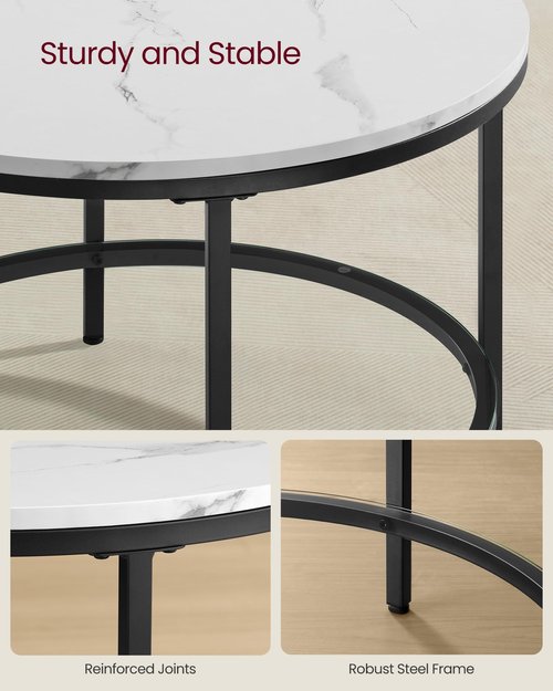 VASAGLE Round Coffee Table, 2-Tier Small Coffee Table with Faux Marble Top and Glass Shelf, Modern Style, for Living Room, 25.6 x 25.6 x 18.1 Inches, Marble White and Ink Black ULCT072W13
