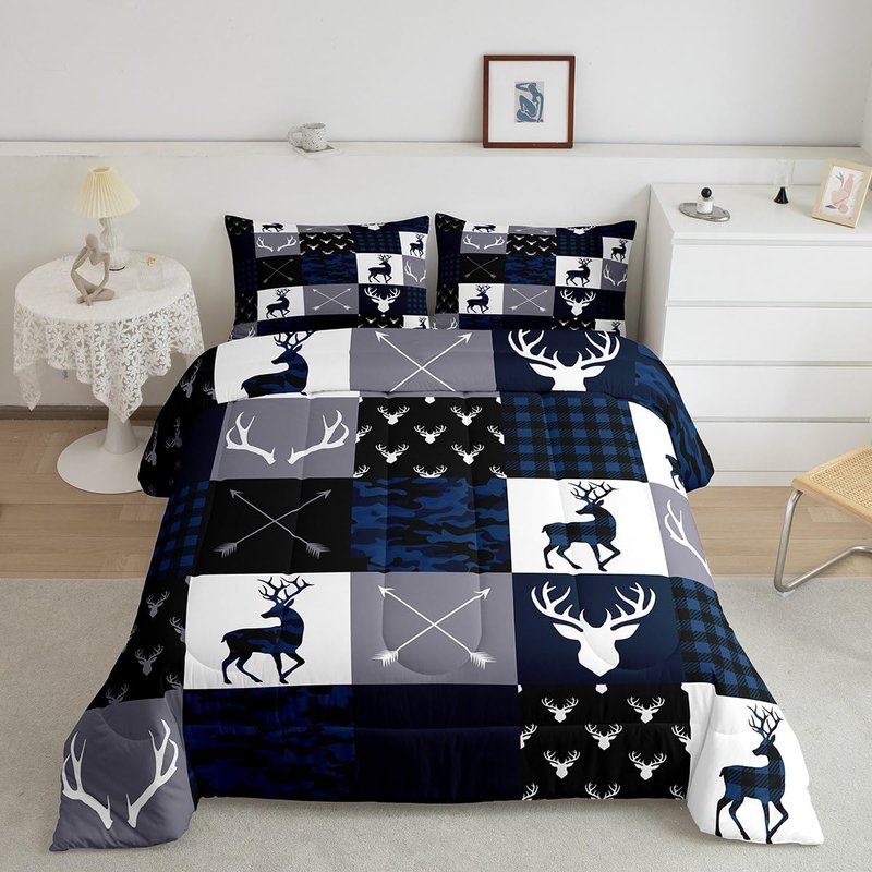 Manfei Camo Deer Antlers Comforter Set Full Size,Geometric Plaid Patchwork Bedding 3pcs for Kids Teens Girls Boys Room Xmas Cabin Quilt Set,Blue Grey Rustic Farmhouse Duvet Insert,2 Pillowcases