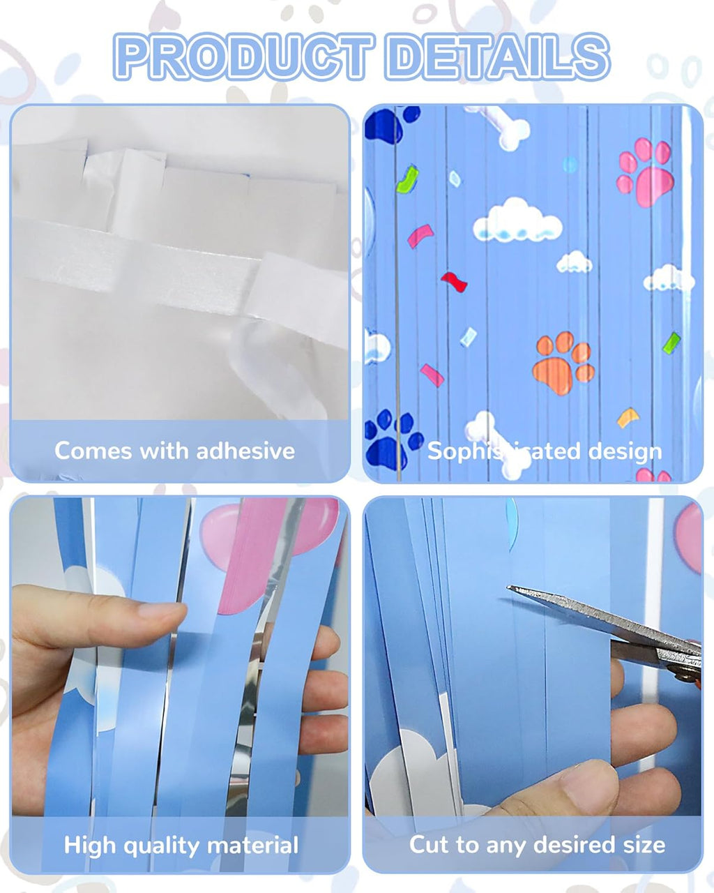 Paw Birthday Decorations - Blue Dog Theme Party Supplies | 3 Pack Tinsel Foil Fringe Curtains & Photo Booth Props