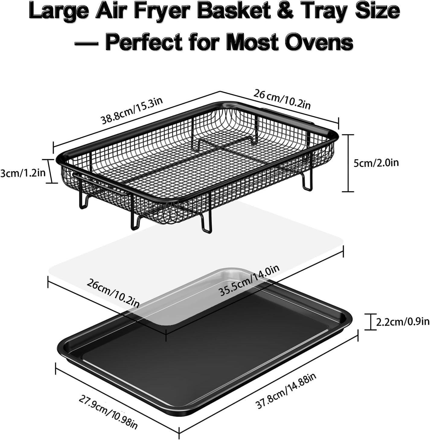 THORSES Air Fryer Basket - Large 15.7" x 11.6" Non-Stick Stainless Steel Tray with 30 Parchment Sheets - Black