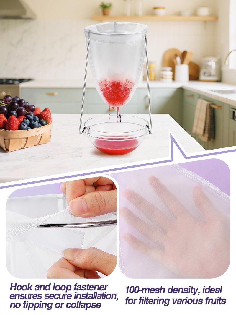Stable Jelly Strainer Stand with 3 Strainer Bags - Reusable Mesh Filter Bags & Stainless Steel Sieve Stand Kit for Straining Nut Milk Cheese Juice Greek Yogurt, 1 Set