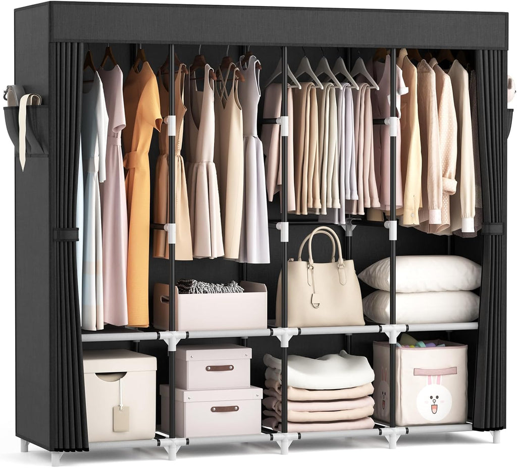 VTRIN Portable Closet - 67-Inch Wide Wardrobe with Cover, 4 Shelves & Hanging Rods - Sturdy Black Design