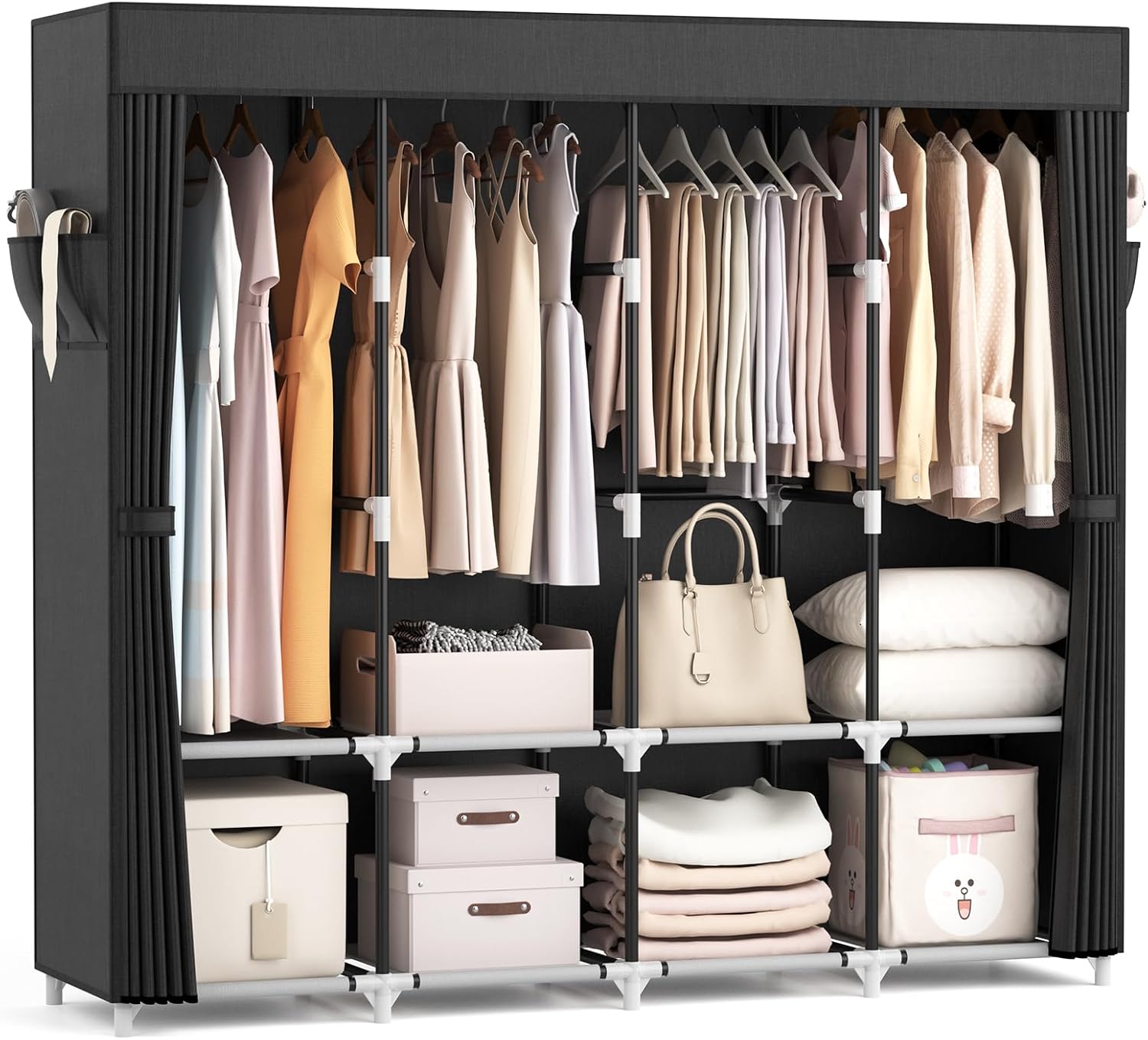 VTRIN Portable Closet - 67-Inch Wide Wardrobe with Cover, 4 Shelves & Hanging Rods - Sturdy Black Design
