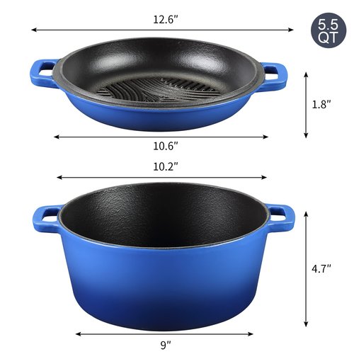 5Qt Dutch Oven, 2-In-1 Enamel Cast Iron Dutch Oven Pot with Skillet Lid, Heavy Duty Oven Safe Cookware for Sourdough Bread Baking Braising, Roasting Stewing Frying Simmering, Multi Stoves, Easy Clean (Gradient Blue)