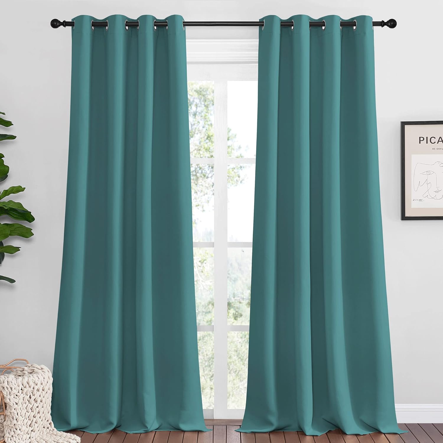 NICETOWN Blackout Curtains - Thermal Insulated Solid Ring Top Drapes for Kids Room | Sea Teal, Set of 2, 55 x 90 Inch