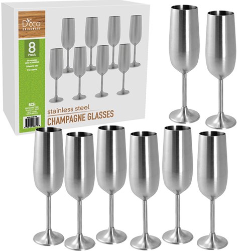 Unbreakable 8 Oz Stainless Steel Champagne Flutes (8 Pack) - Large Stemmed Matte Silver Champagne Glasses - Reusable Indoor Outdoor Drinkware - Keeps Drink Cool for Longer- Valentines Day Gift for Her