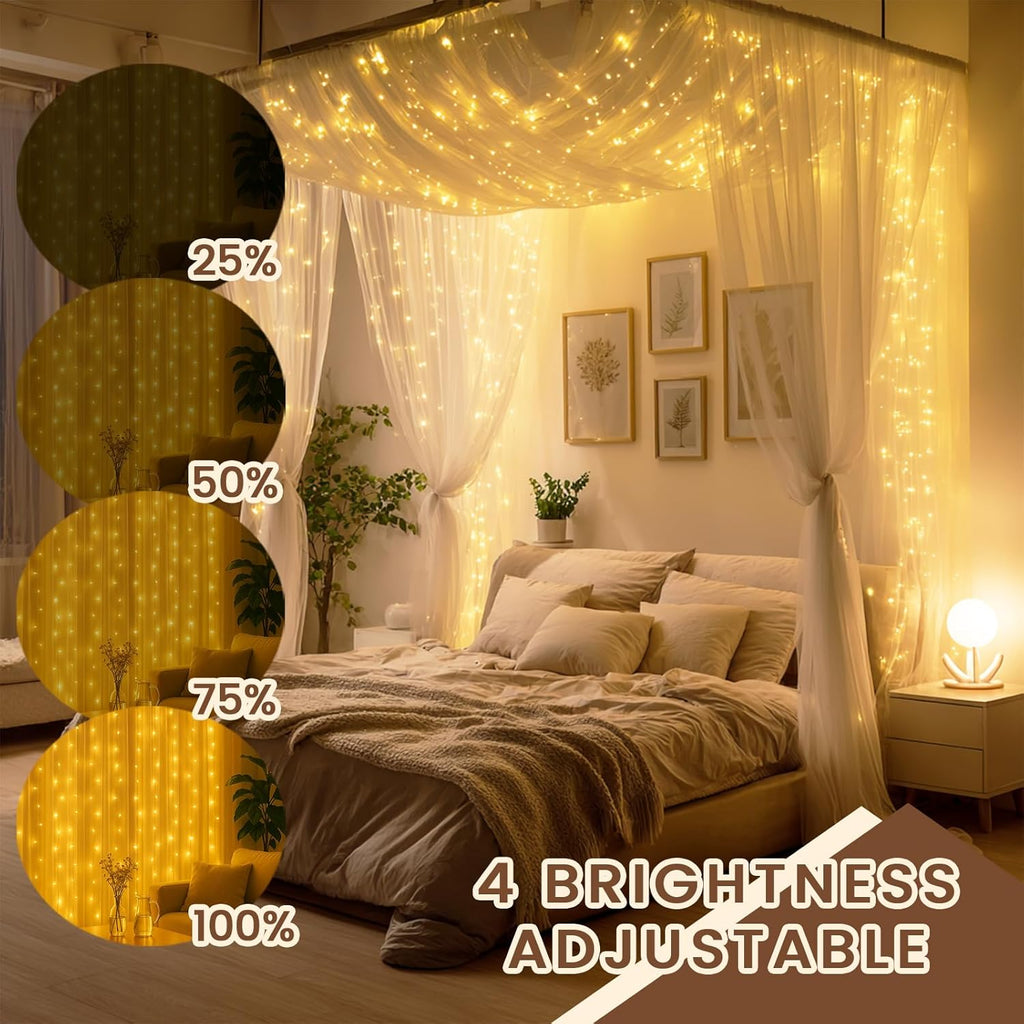 Skiennix 300 LED Curtain String Lights - Warm White with Remote & Timer | 9.8x9.8 Ft Waterproof Decor