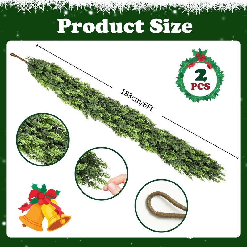 12 FT (2 * 6FT) Realistic Artificial Cedar Pine Garland - Thick Lush Full Faux Greenery Garland for Fireplace Mantle, Indoor Outdoor Christmas Holiday Home Party Decorations