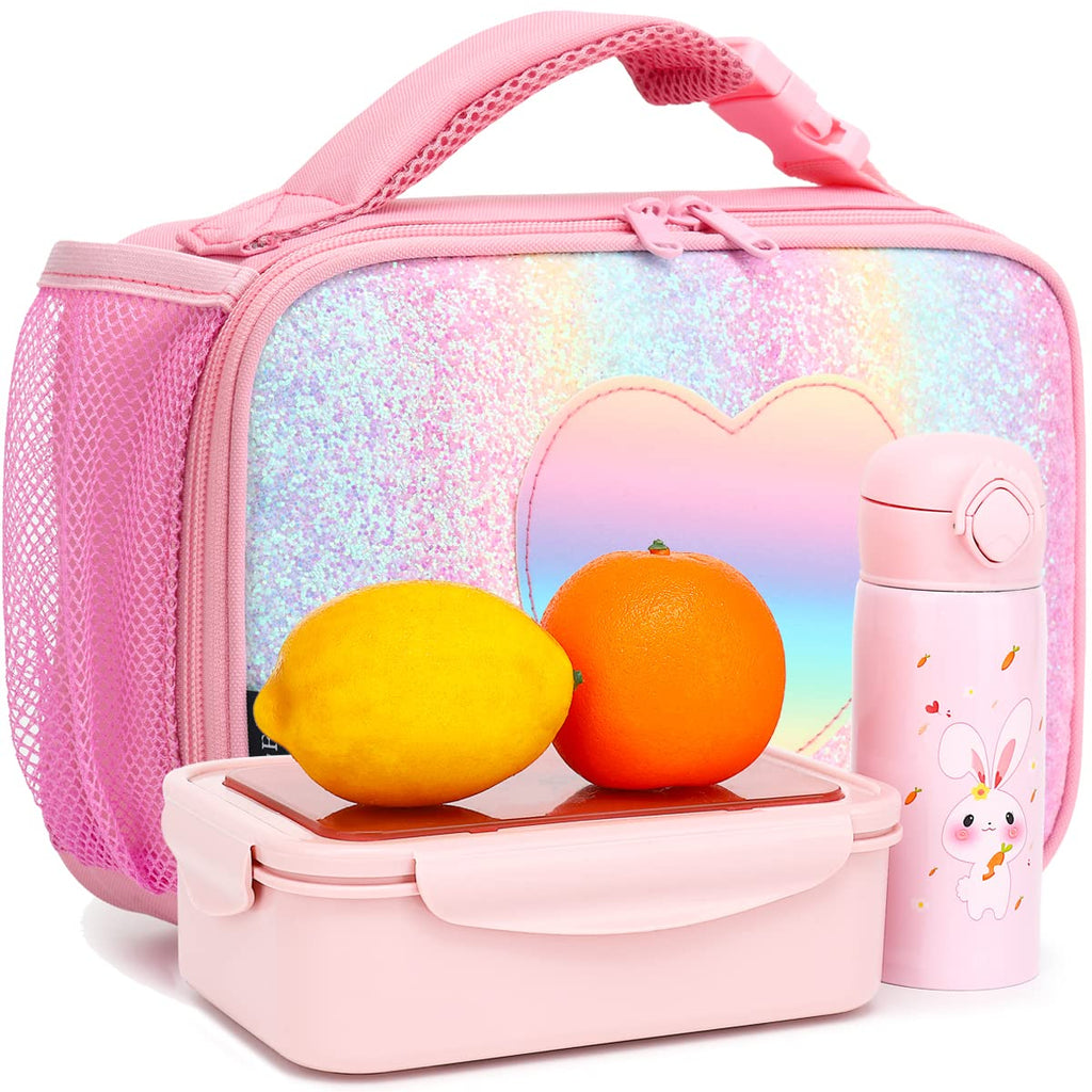 FlowFly Kids Lunch box Insulated Soft Bag Mini Cooler Back to School Thermal Meal Tote Kit for Girls, Boys, Glitter-RainBow